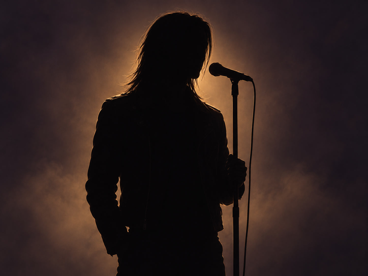 An unidentified singer silhouetted at a microphone in amber stage light