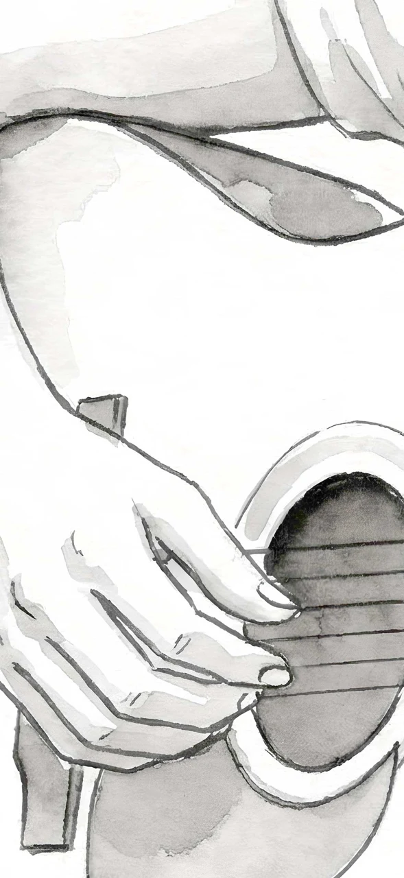 Ink drawing of hands playing an acoustic guitar