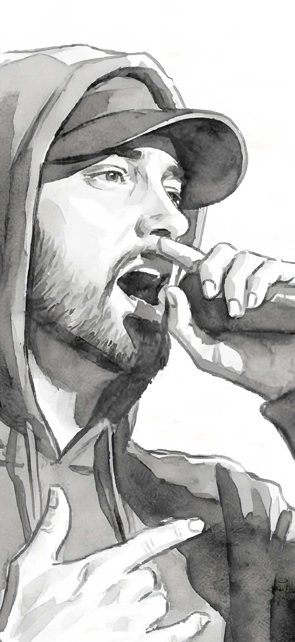 Ink drawing of a performer holding a microphone