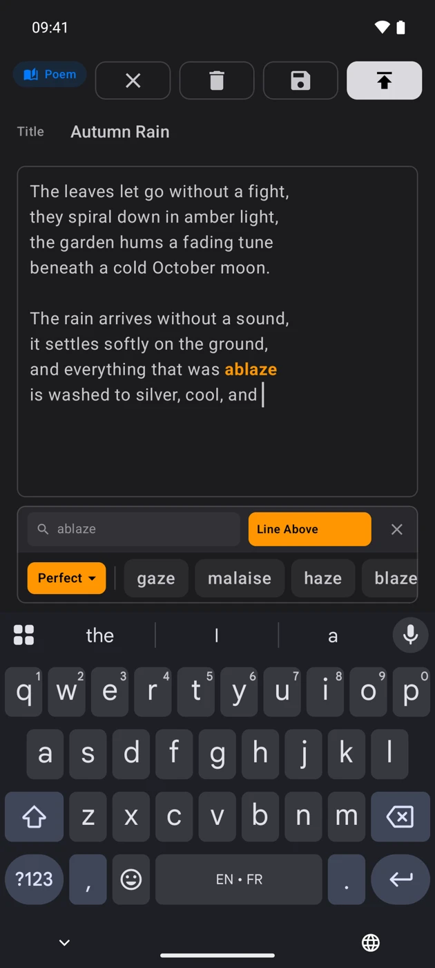 Rhyme Hub on Android: an Autumn Rain poem with the keyboard and rhyme suggestions below the writing
