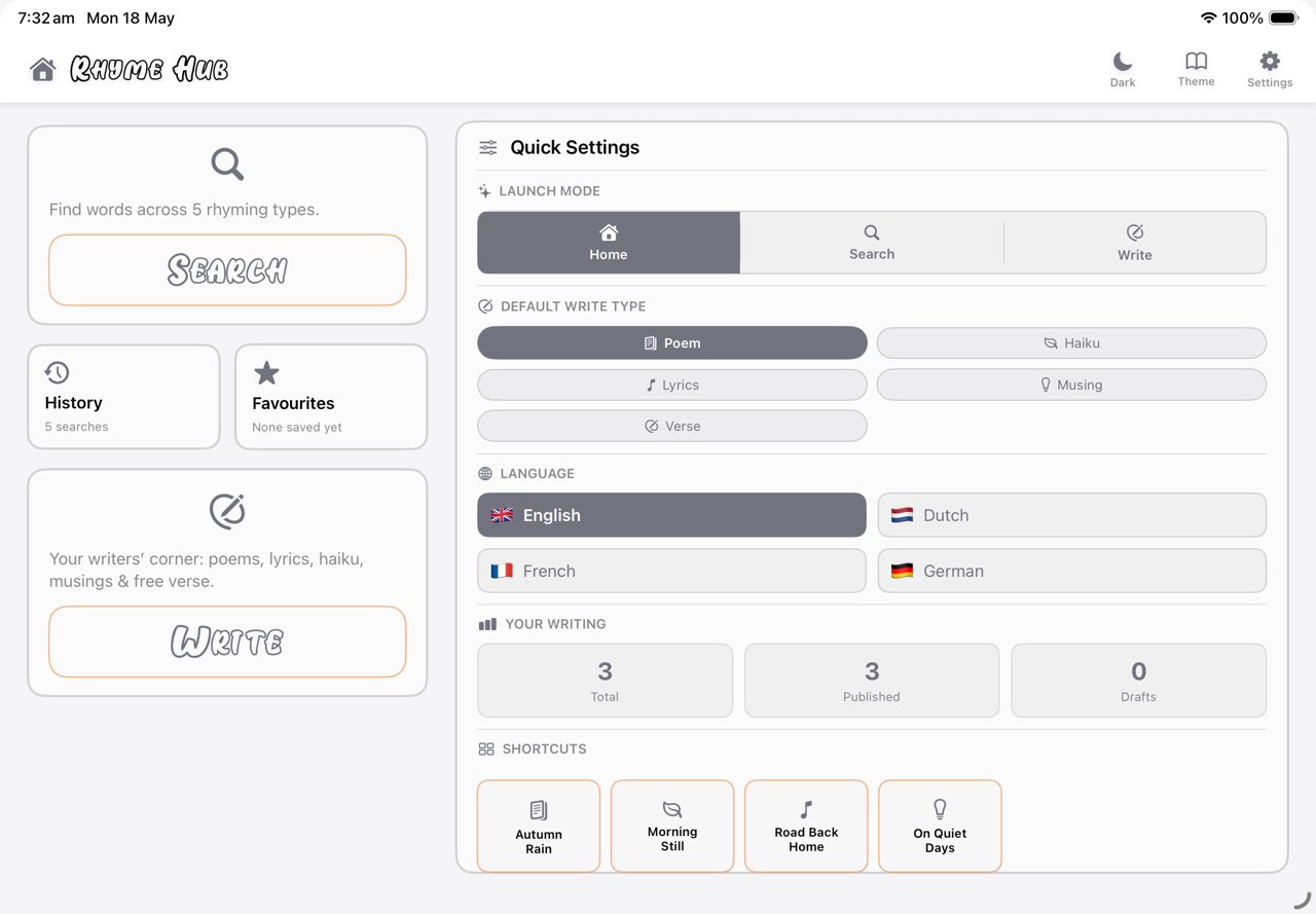 Rhyme Hub screenshot — Quick Settings panel on iPad in light mode