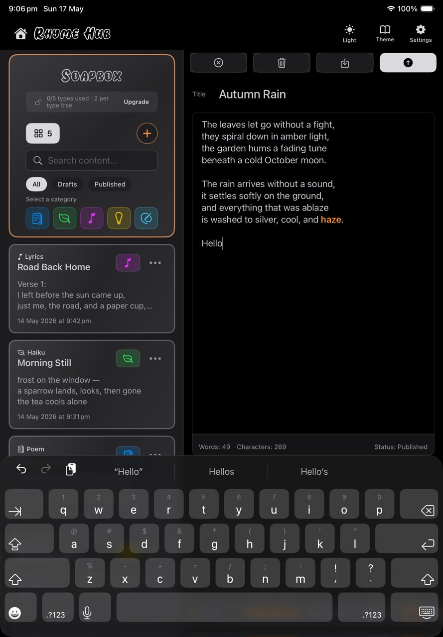 Rhyme Hub screenshot — the split Soapbox workspace on iPad